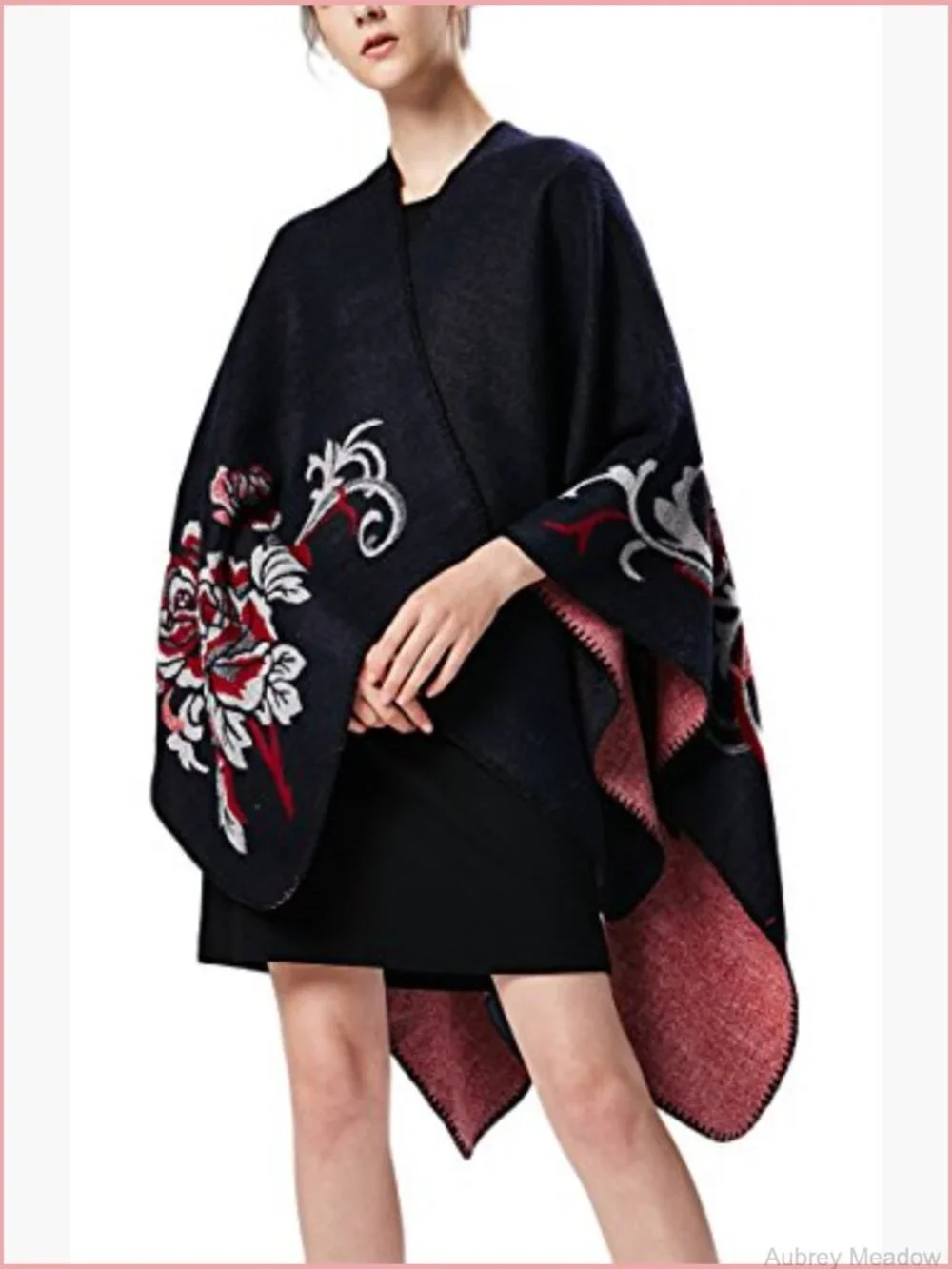 Retro Warm Floral Poncho Cape Open Front Sweater Shawl Cardigan